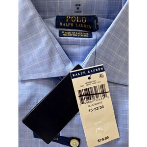 Polo Ralph Lauren Classic Fit Easy Care Dress Shirt Blue White Grid Sz 15 32/33